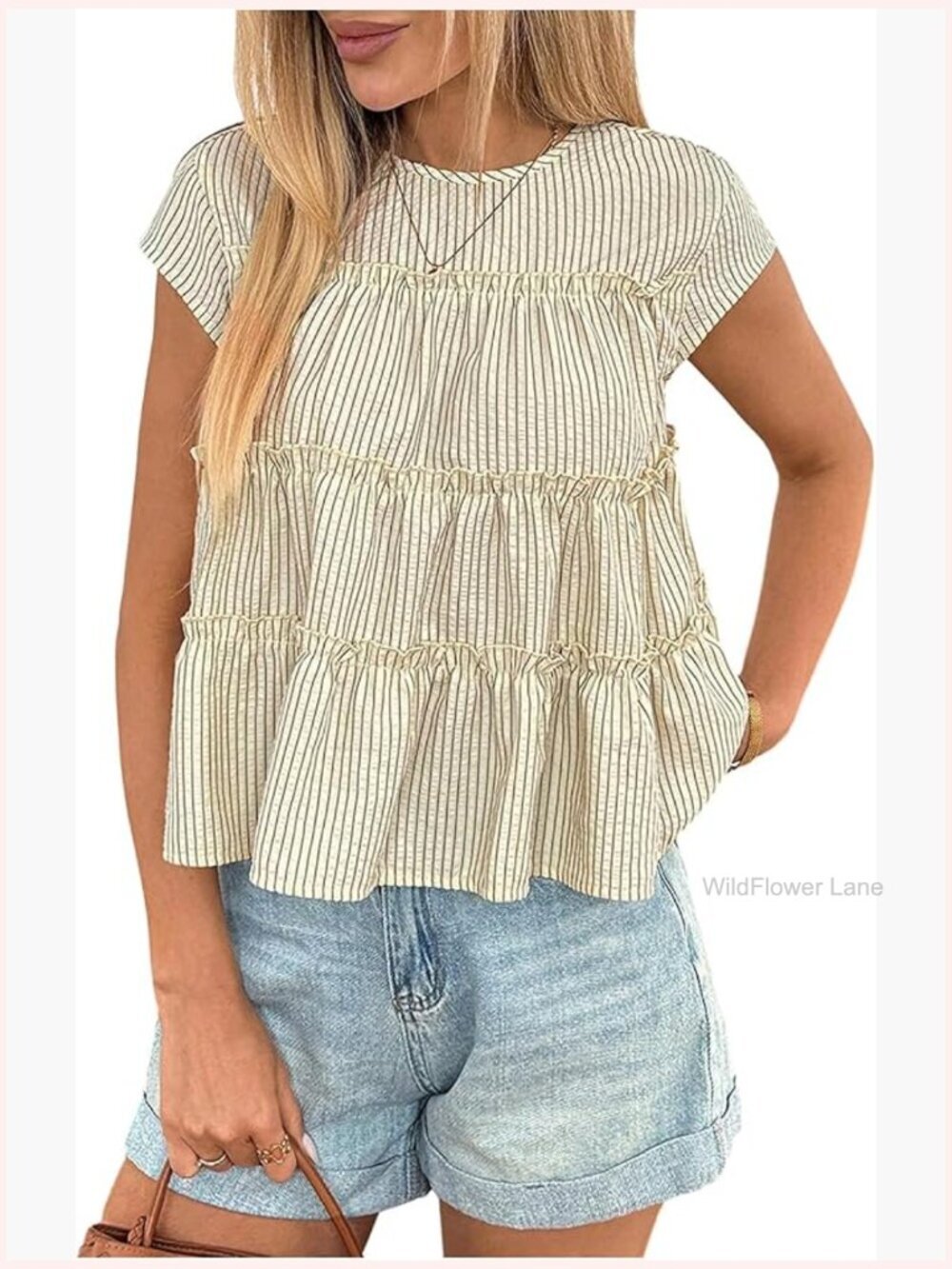 Striped Peplum Blouse Cap Sleeve Ruffle Crewneck Cute Summer Tops